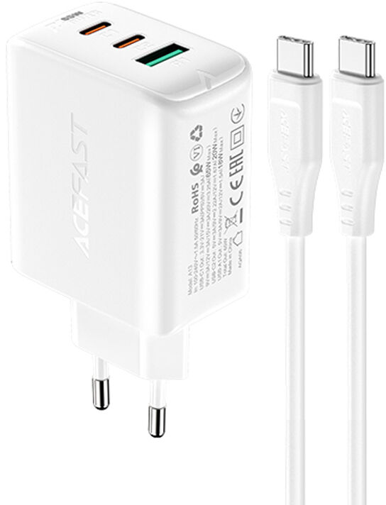 Acefast 2w1 ładowarka sieciowa 2x USB Typ C / USB 65W, PD, QC 3.0, AFC, FCP (zestaw z kablem) biały (A13 white) A13 white