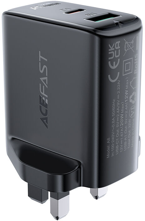 Acefast ładowarka sieciowa (wtyczka UK) USB Typ C / USB 32W, PPS, PD, QC 3.0, AFC, FCP czarny (A8 black) A8 black