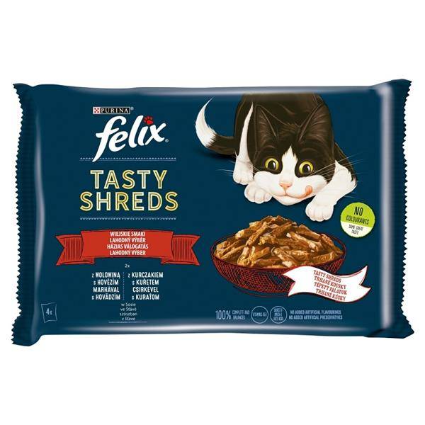 Purina Felix TASTY SHREDS Wiejskie Smaki z Wołowiną i z Kurczakiem 4x80g mokra karma dla kotów dorosłych 4 x 80 g