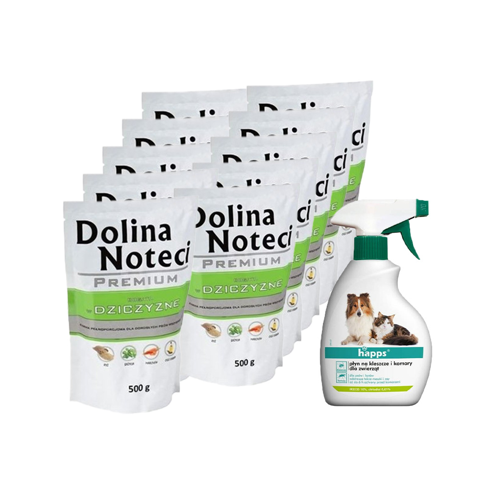 Dolina Noteci PREMIUM bogata w dziczyznę 10x500g + HAPPS płyn na kleszcze i komary dla zwierząt 200ml