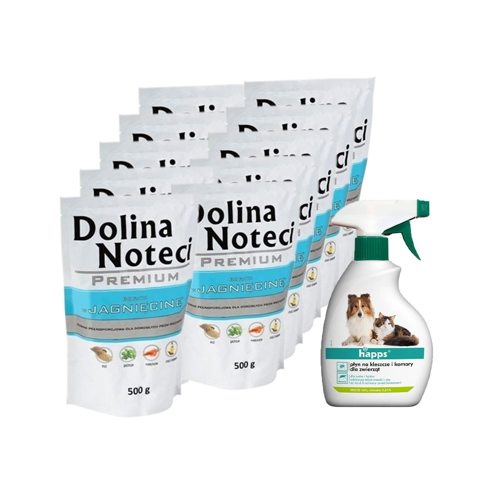 Dolina Noteci PREMIUM bogata w jagnięcinę 10x500g + HAPPS płyn na kleszcze i komary dla zwierząt 200ml