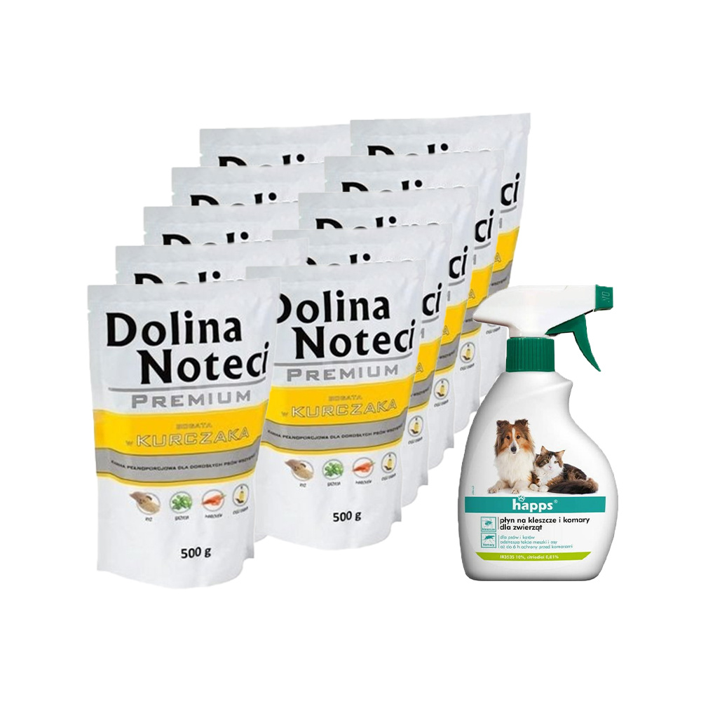Dolina Noteci PREMIUM bogata w kurczaka 10x500g + HAPPS płyn na kleszcze i komary dla zwierząt 200ml