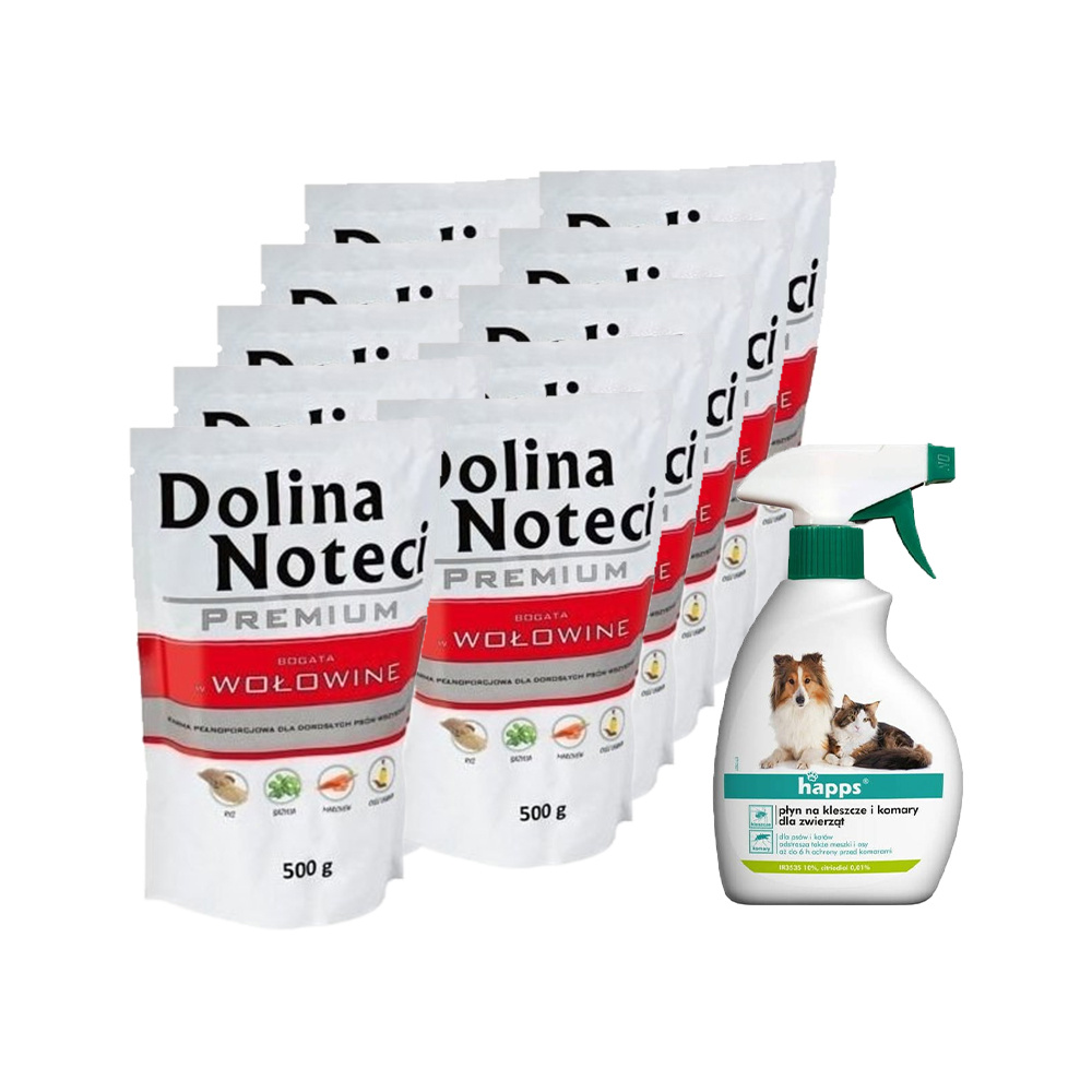 Dolina Noteci PREMIUM bogata w wołowinę 10x500g + HAPPS płyn na kleszcze i komary dla zwierząt 200ml