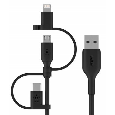 Belkin Uniwersalny kabel (3 w 1, USB-C, Lightning, kabel micro USB) do ładowania smartfonów, tabletów, powerbanków i innych urządzeń (1 m), CAC001bt1MBK CAC001bt1MBK