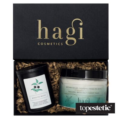 Hagi Hagi Boso Po Mchu Box ZESTAW Świeca na bazie ekologicznego wosku sojowego - Boso po mchu 230 g + Naturalna sól do kąpieli na bazie soli bocheńskiej 600 g