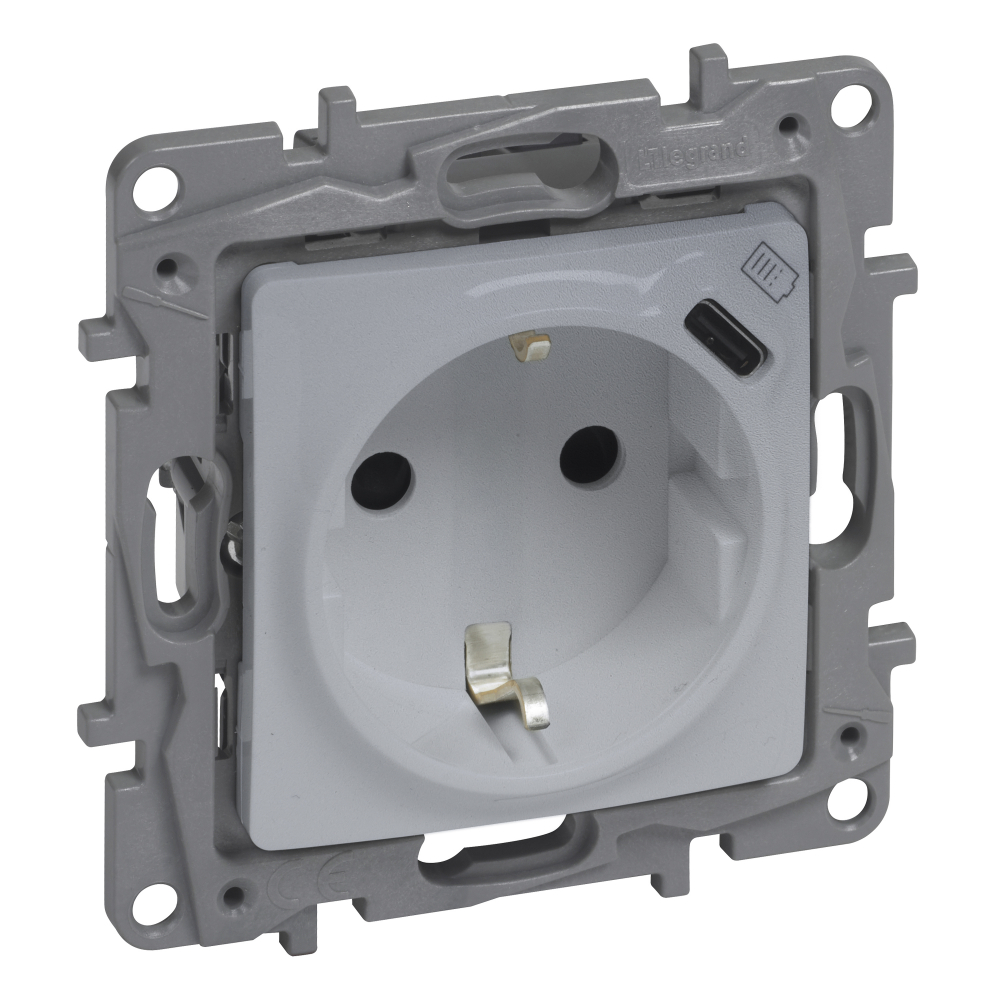 Legrand Gniazdo pojedyncze Niloe Selection 762296 z uziemieniem płaskie 16A 250V~ + USB typ C w plakietce z przesłoną zaciski automatyczne antracyt