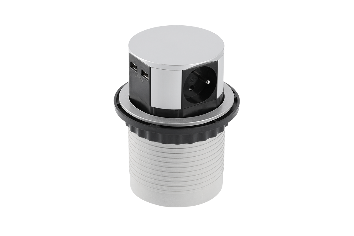 GTV Gniazdo meblowe nablatowe wpuszczane AE-BPW3U100U-53 COMFORT fi 100mm 3 x gniazdo z uziemieniem 2 x USB 24A aluminiowe