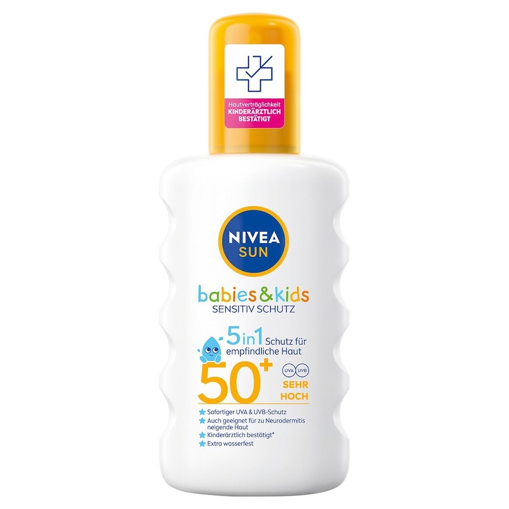 Nivea Sun Kids Sensitiv spray przeciwsłoneczny w 1 opakowaniu (1 x 200 ml), spray z LSF 50+, balsam do opalania dla wrażliwej skóry dziecka