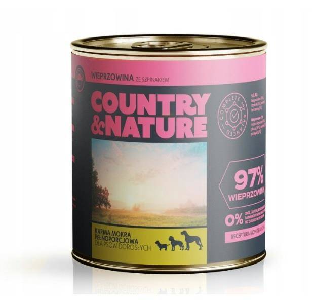Country&Nature Wieprzowina 97% ze szpinakiem 410g pełnoporcjowa mokra karma dla dorosłych psów wszystkich ras 410 g Wysyłka w 24H