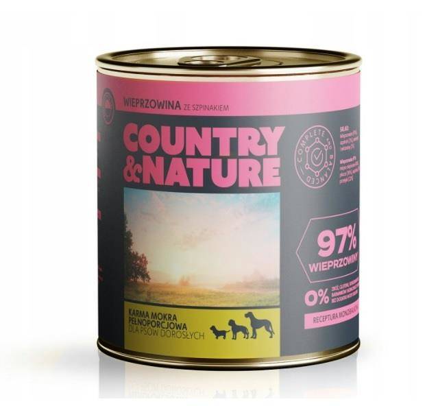 Country&Nature Wieprzowina 97% ze szpinakiem 410g pełnoporcjowa mokra karma dla dorosłych psów wszystkich ras 410 g