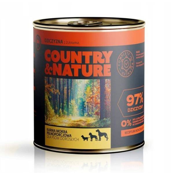 Country&Nature Dziczyzna 97% z żurawiną 850g pełnoporcjowa mokra karma dla dorosłych psów wszystkich ras 850 g