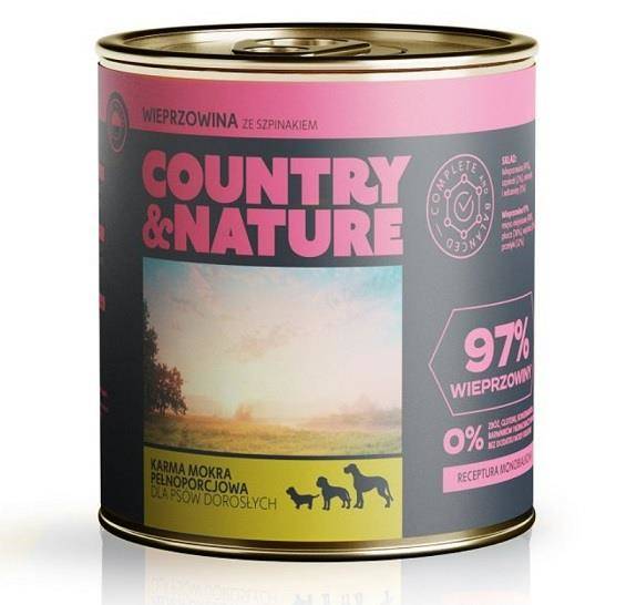 Country&Nature Wieprzowina 97% ze szpinakiem 850g pełnoporcjowa mokra karma dla dorosłych psów wszystkich ras 850 g Wysyłka w 24H