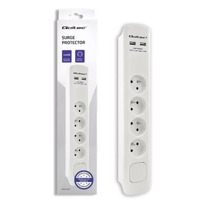 QOLTEC Listwa antyprzepięciowa 4 gniazda 2xUSB 1.8m Biała 50282