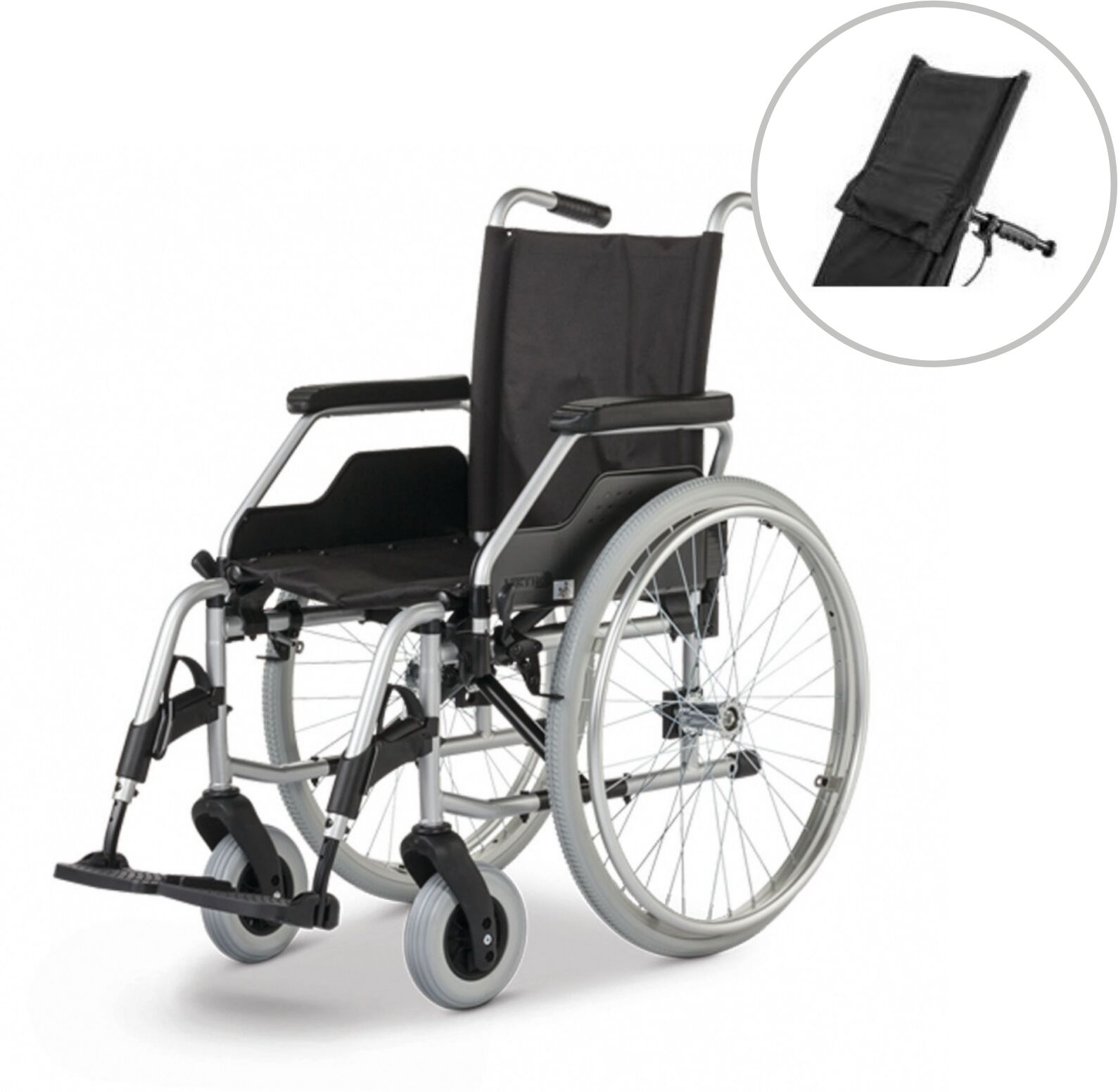 Meyra Wózek inwalidzki ze składaną ramą krzyżakową, uchylnymi podnóżkami i przedłużeniem oparcia BUDGET STAB)
