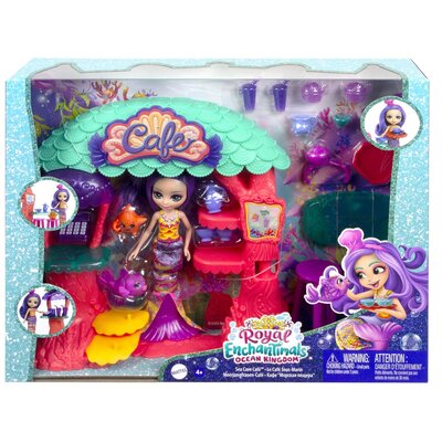 Enchantimals Sea Cave Café zestaw do zabawy (22,4 cm), 15+ sztuk, z lalką Martina Syrenka, 2 bestie zwierząt i akcesoria 0194735009060