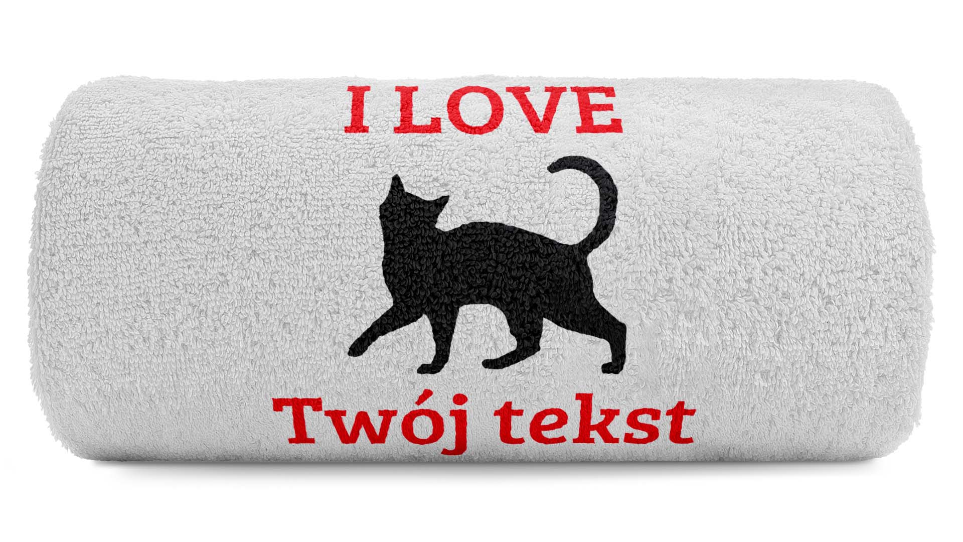 pat15.net Mały ręcznik haftowany z biegającym kotem LOVE 100x50 655