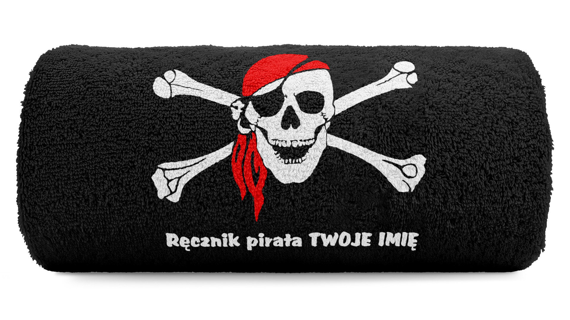 pat15.net Ręcznik 100x50 z haftem - Ręcznik pirata + Imię Czaszka Czarny 1018