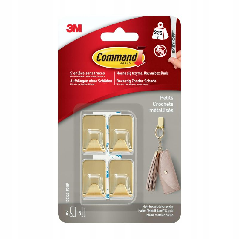 3M Command 4 Haczyki Dekoracyjne Złote Plastikowe + 5 Pasków 17032G