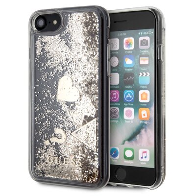 Guess Liquid Glitter Hearts - Etui iPhone 8 / 7 złoty GUHCI8GLHFLGO