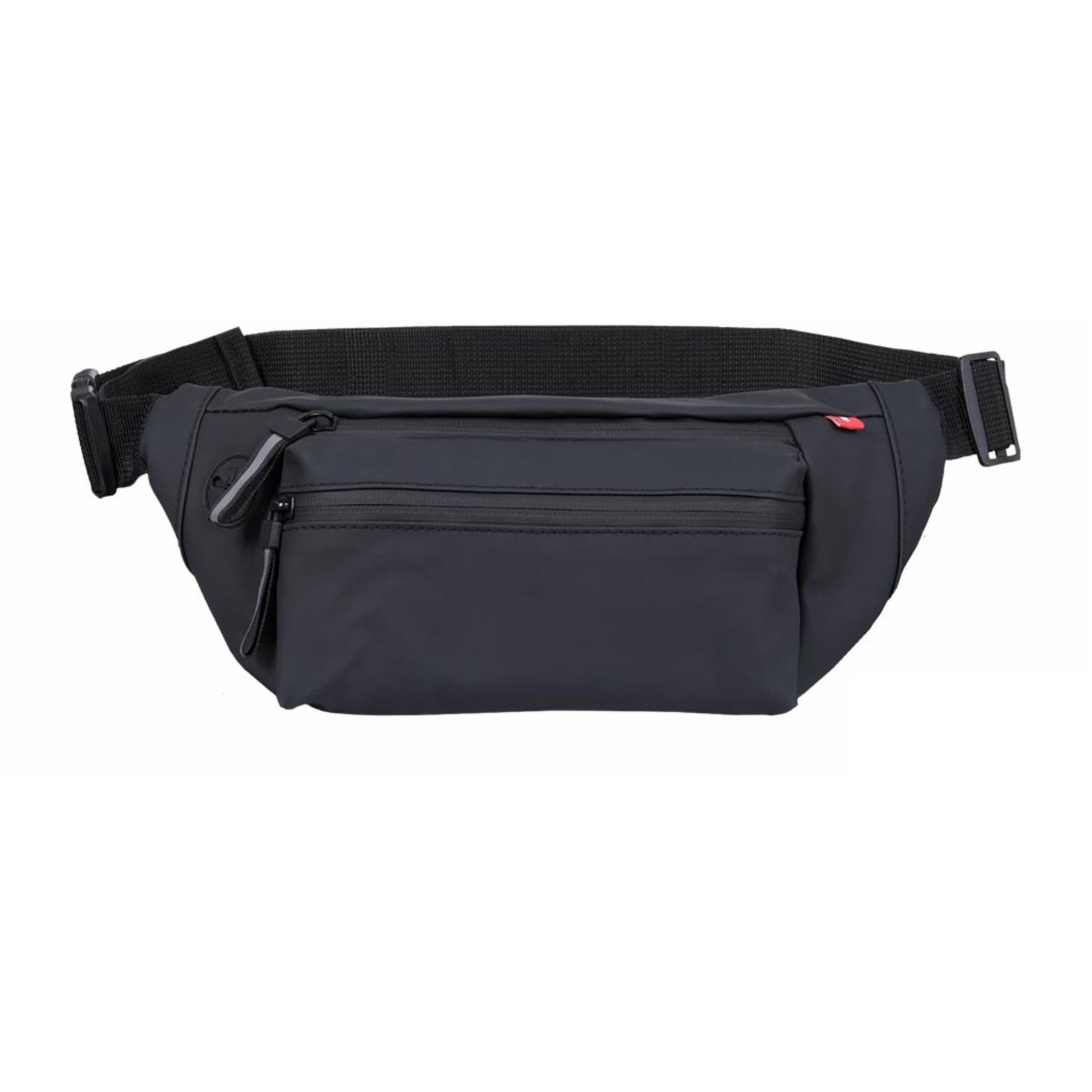 MINIBAG - solidna, pojemna i wodoodporna saszetka z otworem na słuchaki, trzy kieszenie, elementy odblaskowe, pasek 50-104cm, saszetka 30x15cm.