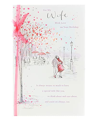 UK Greetings Kartka urodzinowa dla żony, kartka urodzinowa od męża do żony, kartka urodzinowa dla niej z sentymentalnym wierszem, ilustrowana kartka urodzinowa ze wstążką