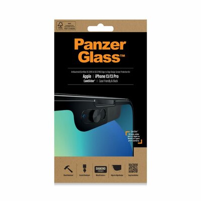 PanzerGlass Szkło hartowane E2E Cam Slider iPhone 13/13 Pro 6,1cala Microfracture Case Friendly Anti Bacterial Czarne 2748