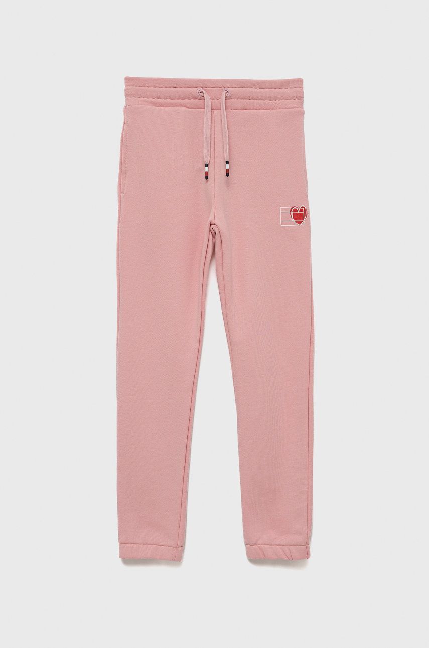 Tommy Hilfiger spodnie bawełniane dziecięce kolor różowy z nadrukiem