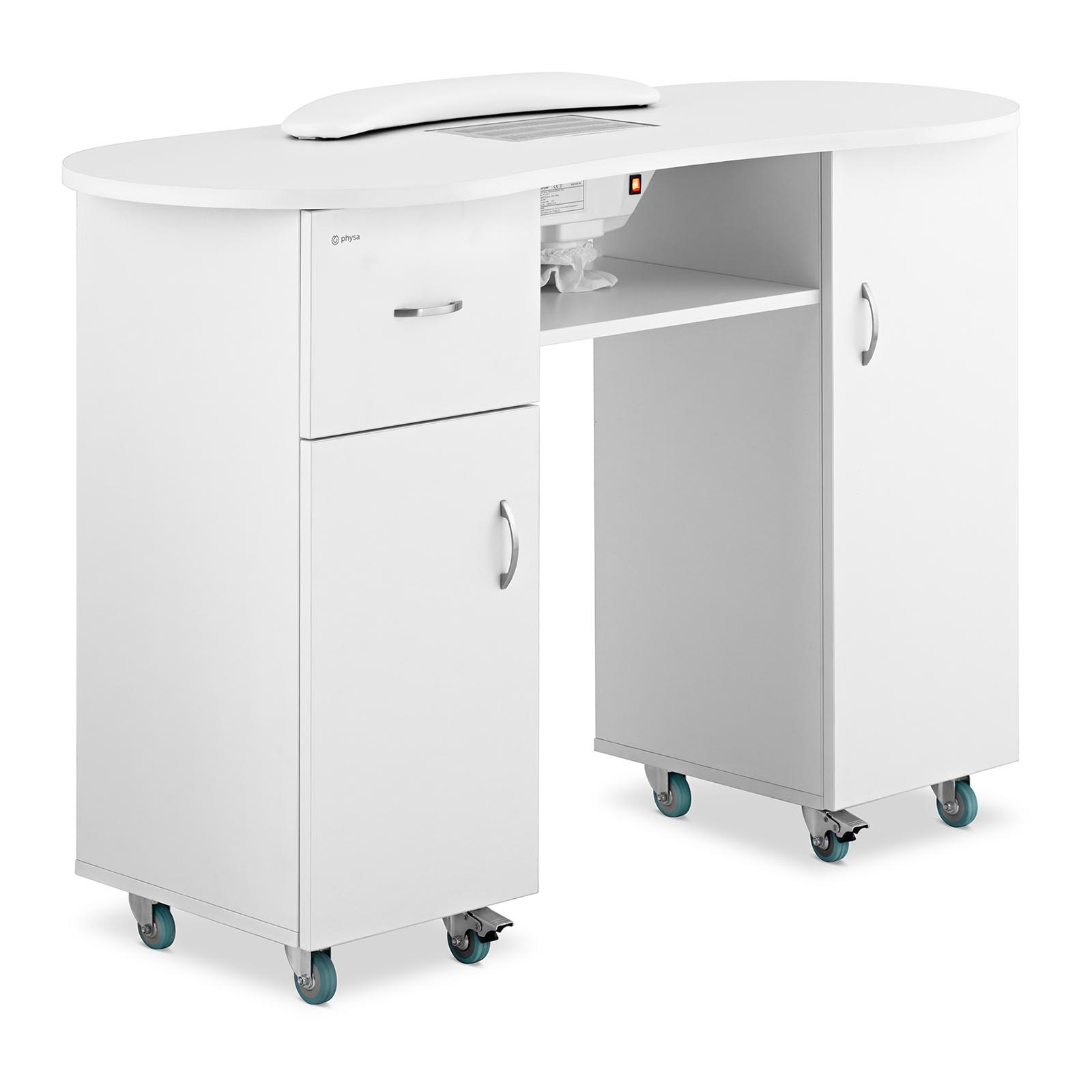 physa Biurko do manicure - 1200 x 503 x 803 mm - białe - 8 kółek - pochłaniacz pyłu - szafki PHY-MT-7