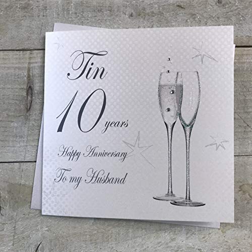 WHITE COTTON CARDS 10. blaszana rocznica ślubu dla mojego męża ręcznie robiona kartka  kieliszki do szampana  autorstwa białych kart z bawełny BD110-H BD110-H