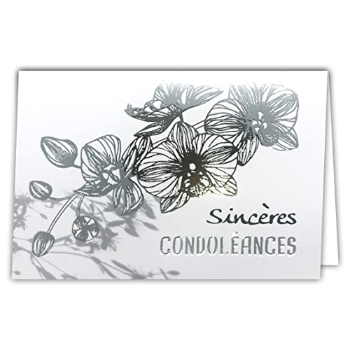 Afie Afie 24-5003 Srebrna karta z kopertą 145 x 105mm - Szczere kondolencje odwaga Gerb białych orchidei na śmierć kobiety Deuil Ziemia Obsety - Made in France 24-5003