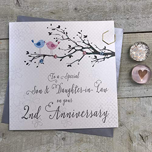 White Cotton Cards Syn i synowa karta na drugą rocznicę ślubu drugie bawełniane ptaki i gałęzie drzewa białe bawełniane kartki PD192-2 PD192-2