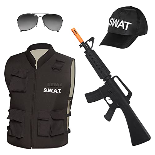Boland Boland - Zestaw SWAT dla dorosłych, czarno-biały, atrapa karabinu, kamizelka, czapka i okulary, bronia, kurtka, czapka, okulary przeciwsłoneczne, kostium, karnawał, impreza tematyczna 10270256B