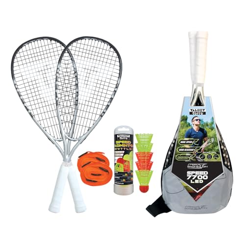 Talbot Torro Uniseks – zestaw do badmintona dla dorosłych, 2 mocne grafitowe kompozytowe rakiety, 5 stabilnych piłek do gry w ciemności, w zestawie system linii Court, Speed 7700 LED, 490127, rozmiar