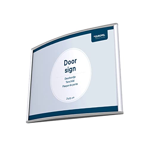Europel EUROPEL znak na drzwi, prosty i elegancki, lekko zakrzywiony, 21 x 15 cm. Mocowanie na śrubę lub klej, orientacja pionowa lub pozioma, osłona z PCW, kolor srebrny/czarny, zawiera materiały montażowe 355507