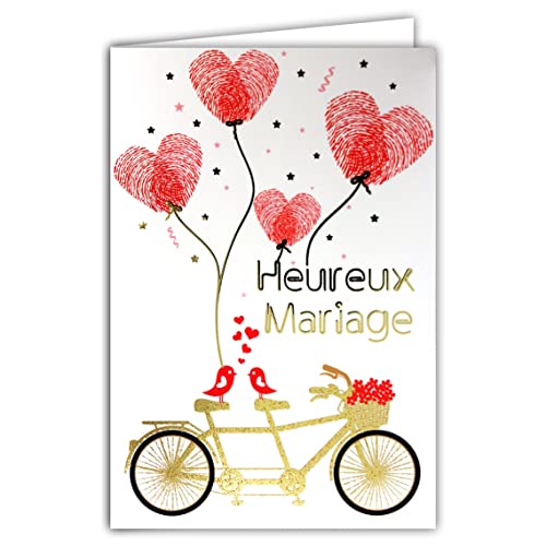 Afie Afie 69-7098 Szczęśliwe pozdrowienia ślubu w kolorze złotym błyszczącym - koperta w zestawie - Wyprodukowano we Francji - Rower Kwiatowy Tandem Miłośnicy czerwonych serc Pożyczane palce 69-7098