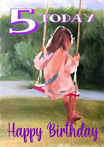 James Coates Kartka urodzinowa dla dziewczynki 5 z obrazem dziewczyny na huśtawce, rozmiar A5