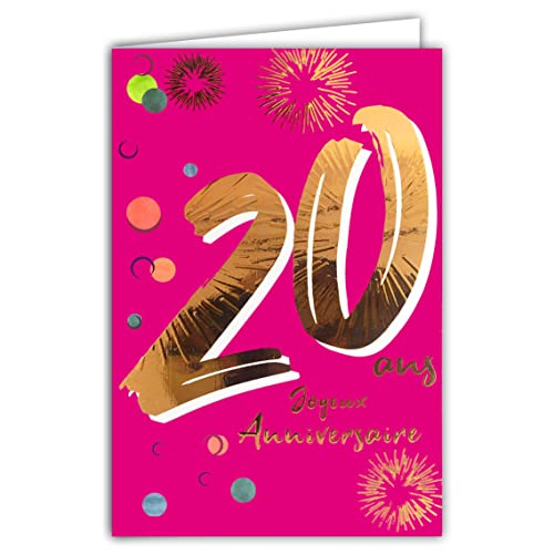 Afie Afie 69-2620 20-letnia kartka urodzinowa w kolorze złotym, z teksturowaną strukturą tłoczoną dla kobiet - Kolorowy tekst odpowiedni do wieku wewnątrz - koperta - Wyprodukowano we Francji - Colorages 69-2620
