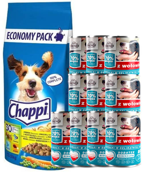CHAPPI 13,5kg - sucha karma dla psów z drobiem i warzywami + Frendi kawałki  z wołowiną 10x400g
