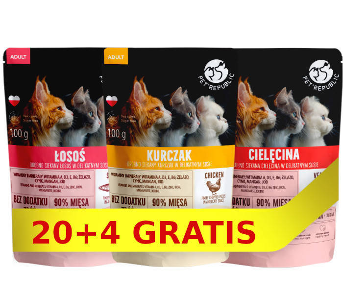 Pet Republic PetRepublic drobno siekane kawałki w delikatnym sosie kurczak,cielęcina,łosoś 24x100g dla kota 57612-uniw