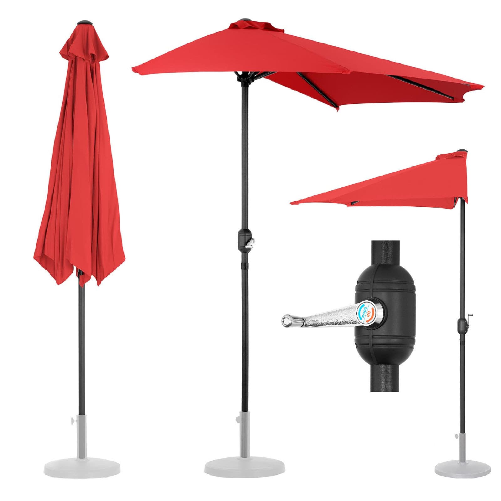 Uniprodo Parasol ogrodowy półokrągły czerwony pięciokątny 270 x 135 cm UNI_HALFUMBRELLA_R300RE_N