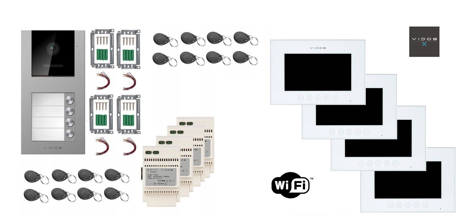 Zestaw wideodomofon 4-rodzinny WiFi  4xM11W-X + stacja bramowa S11-4 - Vidos