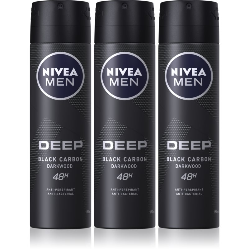 NIVEA MEN Deep Black Carbon Darkwood antyperspirant w sprayu wygodne opakowanie dla mężczyzn 3 x 150 ml