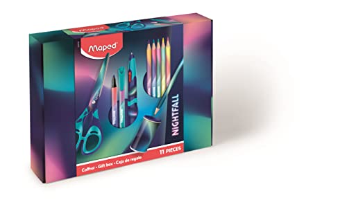 Maped - 11-częściowy zestaw upominkowy Nightfall - 1 nożyczki + 1 temperówka + 1 grafitowy ołówek + 2 cienki końcówka + 1 długopis 4 kolory Twin Tip + 5 kolorowych ołówków