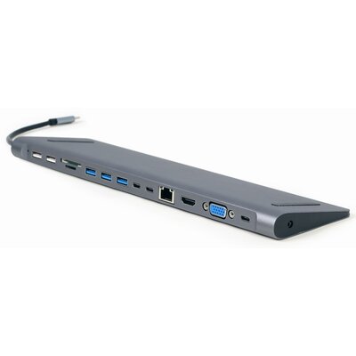 Gembird MULTI ADAPTER USB TYPE-C 8W1 (HUB USB + HDMI + VGA + PD + CZYTNIK KART + LAN + AUDIO 3,5 MM) KOLOR SZARY A-CM-COMBO9-01