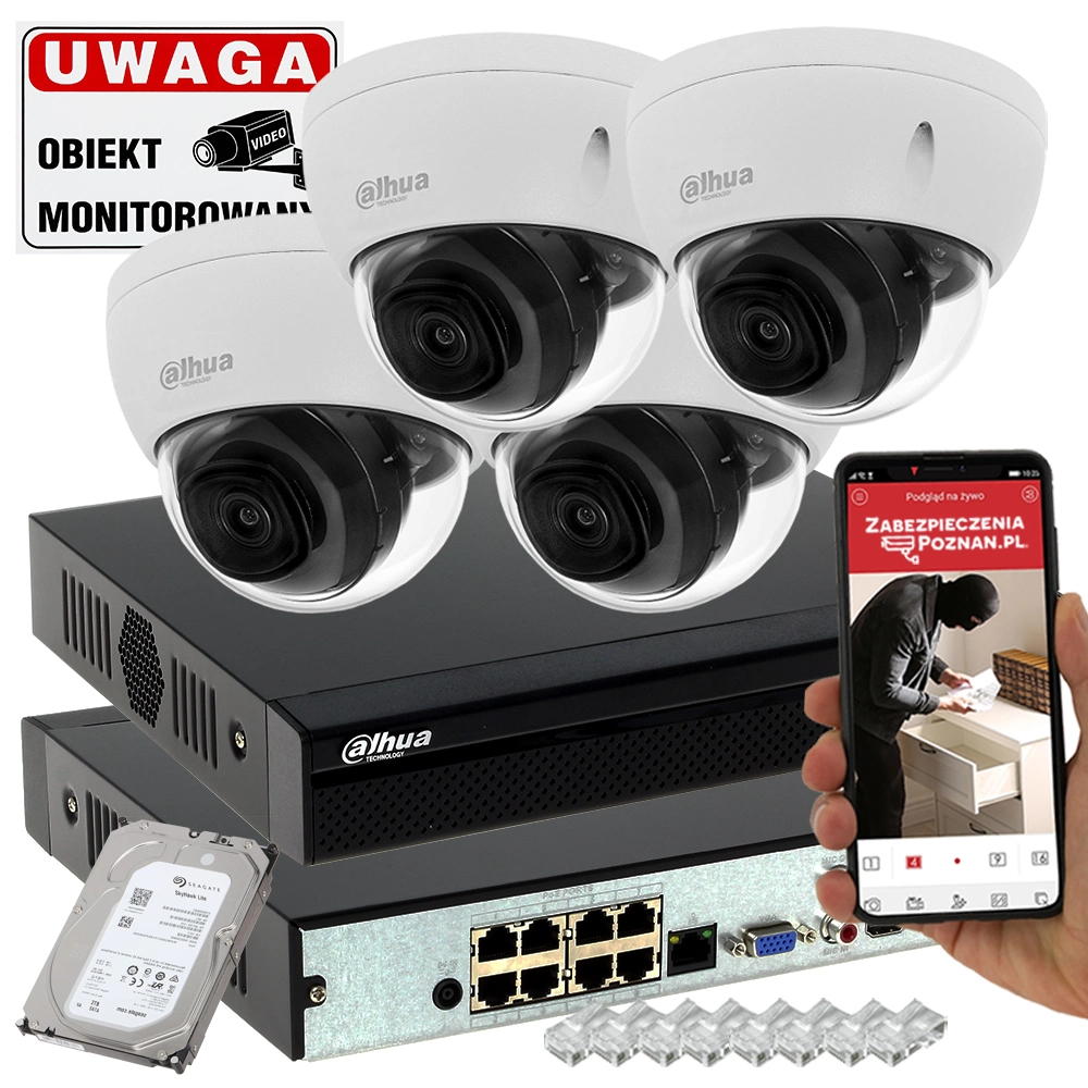 Monitoring 4 kamery Dahua IPC-HDBW2831E-S-0280B-S2 8MPx Analiza IVS Starlight