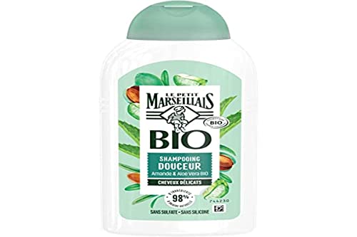 Le Petit Marseillais - Organiczny szampon Migdałowy & Aloe Vera (butelka 240 ml) - Szampon do włosów delikatnych - 98% składników pochodzenia naturalnego, bez siarczanów i silikonu