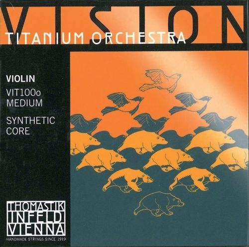 Thomastik Struny do skrzypiec Violin Vision Titanium ochestra syntetyczny zestaw rdzenia 4/4 średni z niepowlekaną stalą E, do orkiestracji i komory VIT100O