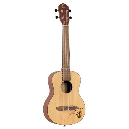 Ortega ukulele tenorowe, płyta wierzchnia: świerk, tył i boki: drewno sapeli, binding pojedynczy ABS, laserowe grawerowanie RU5-TE