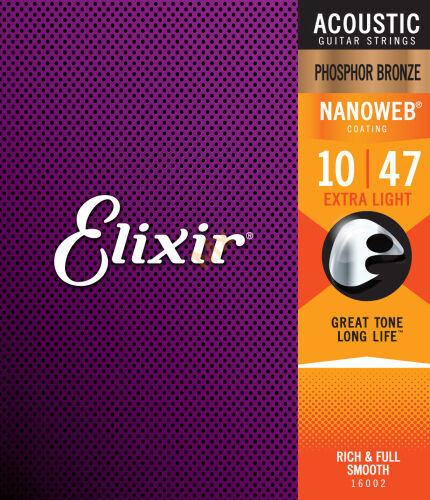 Elixir 16002 struny do gitary akustycznej, 6 strun, z owijką Nanoweb z brązu z domieszką fosforu, Extra Light E16002