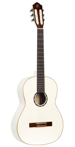 Ortega Guitars gitary R121SNWH seria rodzinna wąski szyja nylon 6-strunowa gitara ze świerkowym topem, korpus mahoniowy, biały połysk R121SNWH